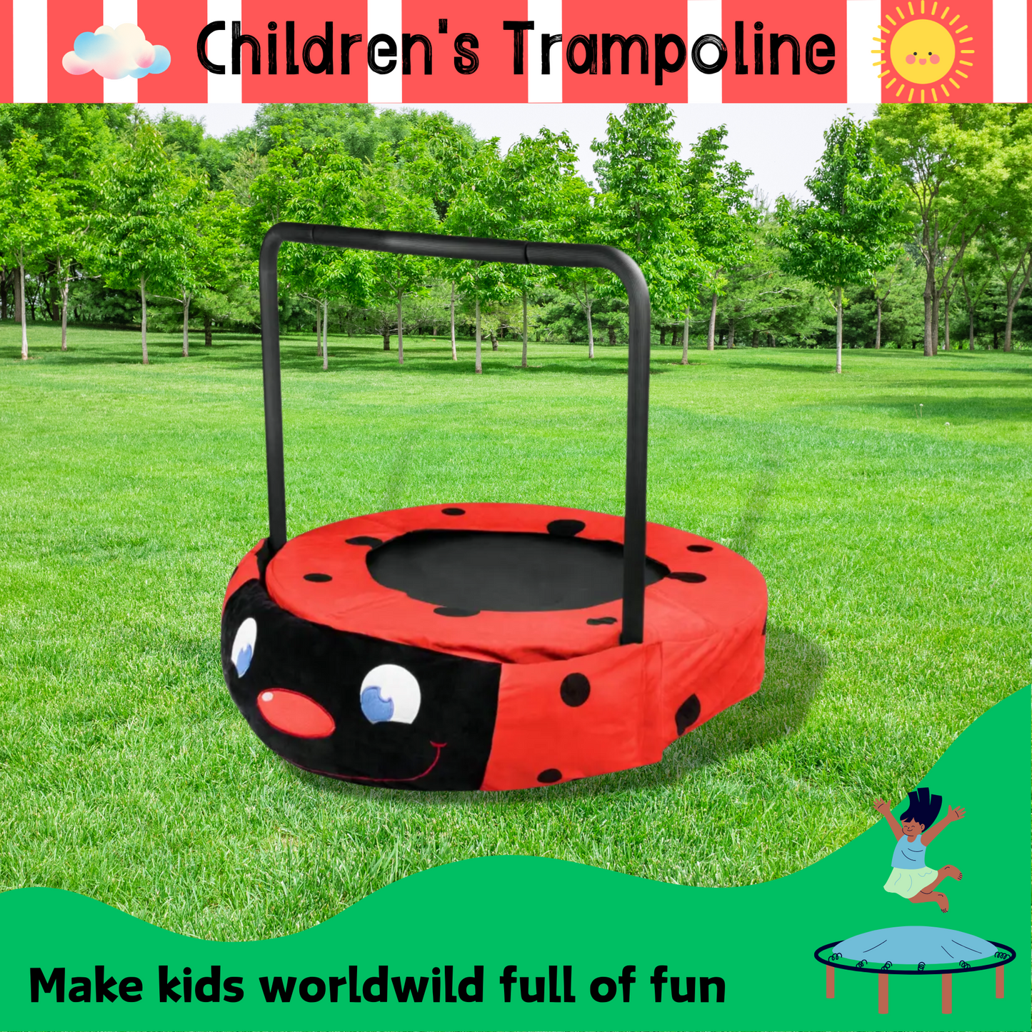 XTP003 Assembled children's trampoline happy expression outdoor and indoor dual-use ladybug black and red foldable iron tube for kids age 3 - 7