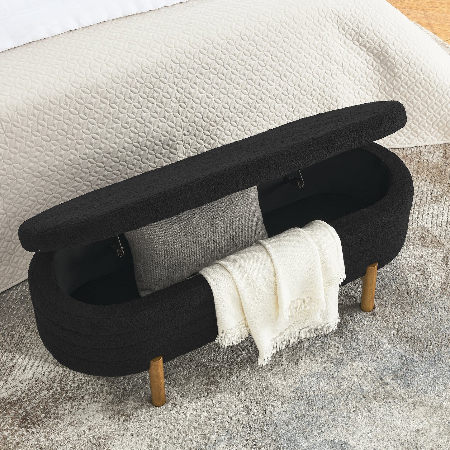 Ottoman Oval Storage Bench,Rubber Wood Leg,Black(46.'x17.7'x10.8')