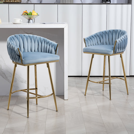 26'' Counter height bar stools Set of 2 kitchen island counter bar stool with hand- wave back, golden chromed base and footrest(BLUE)