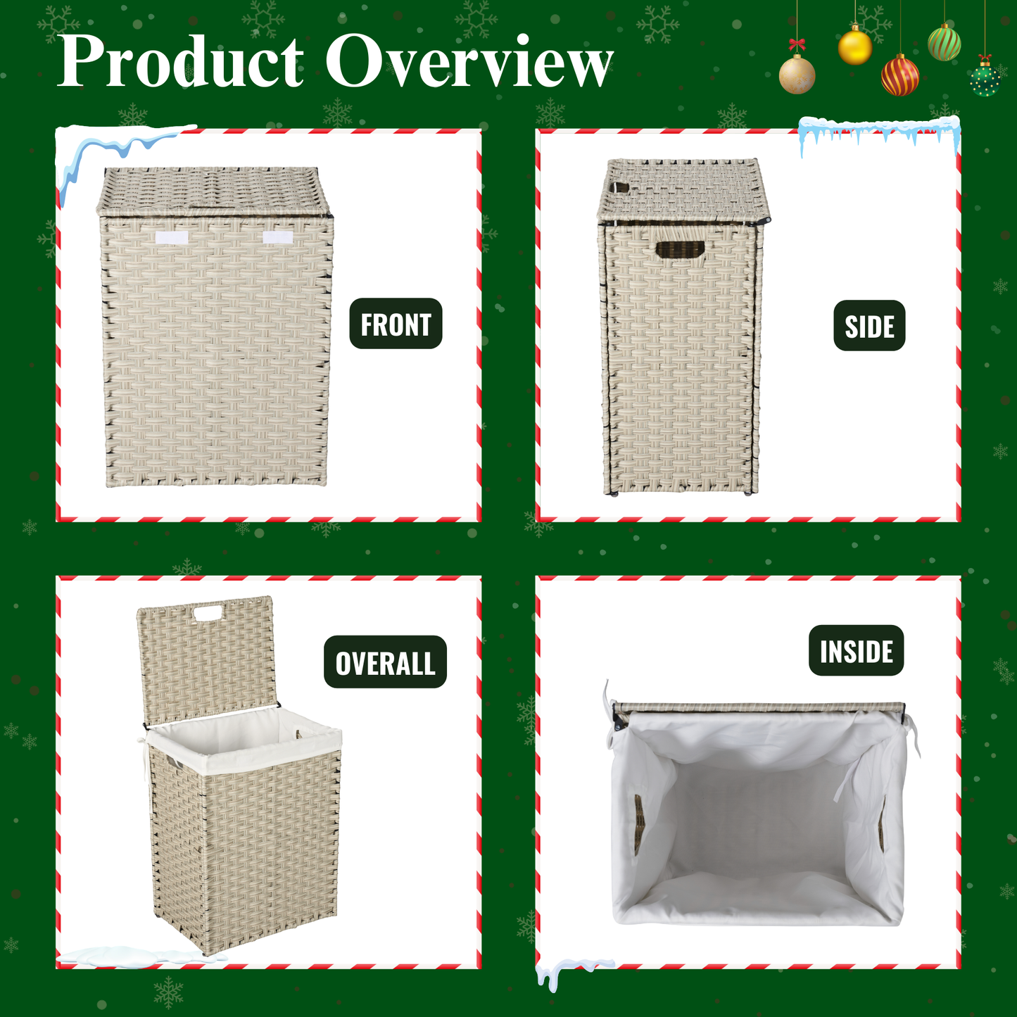 EVG Laundry Hamper With Lid PE Rattan Powder Coating Frame Clothes Hampers with 01 Removable Bags, 100L, Gray Color