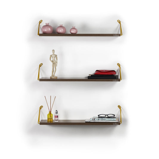 Altai Floating Wall Decor Wall Mounted Rustic Decorative Hanging Metal Bracket Triple Shelfs for Books, Walnut/Yellow Livingsource