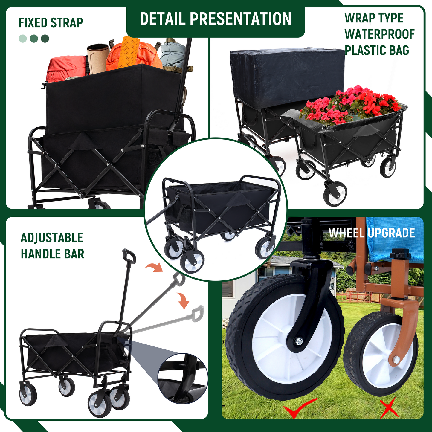 Minimeetall Multi-use Bag Collapsible Foldable Wagon Cart Beach Wagon Heavy Duty Utility Cart Utility Wagon Grocery Cart for for Camping ,3pcs  plastic Liner bag /Cover ,black