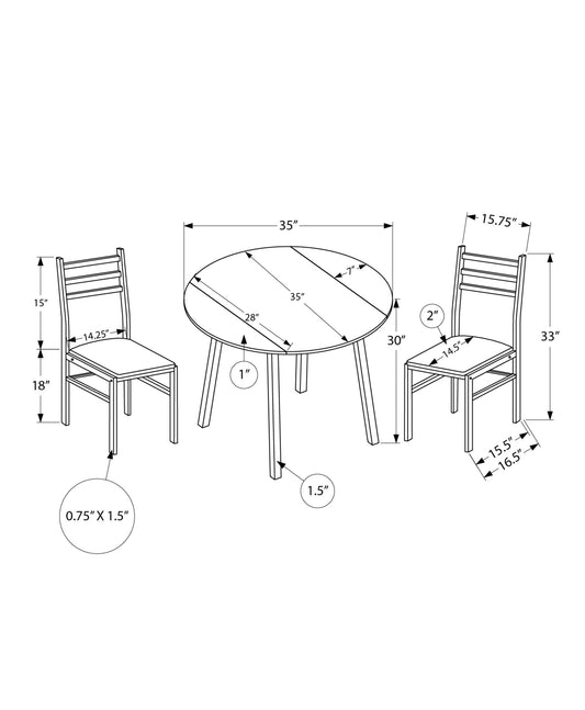 Dining Table Set, 3pcs Set, Small, 35" Drop Leaf, Kitchen, White Metal And Laminate, Grey Fabric, Contemporary, Modern Livingsource