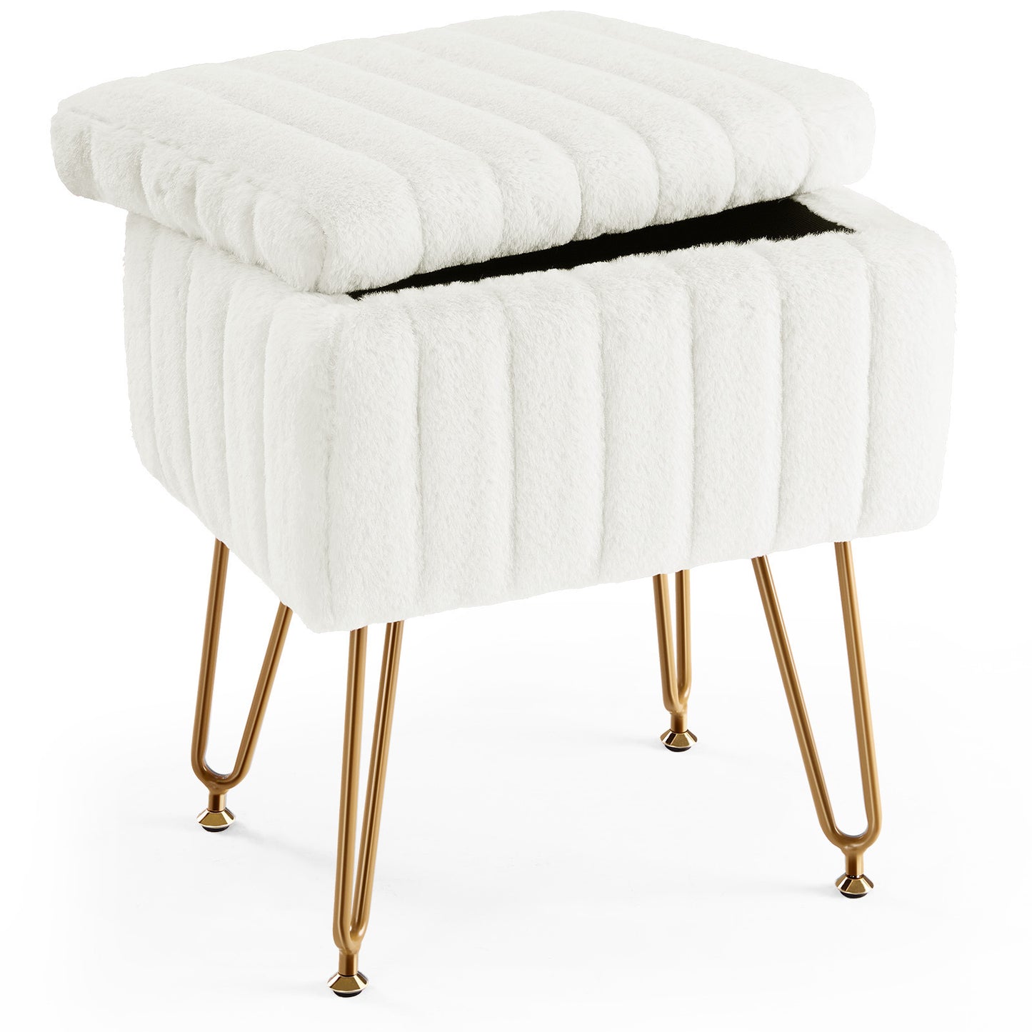 Vanity Stool Chair with Storage, Ottoman Faux Fur Soft Padded Makeup Footstools Seat with 4 Metal Legs Anti-Slip Adjustable Feet Modern,white