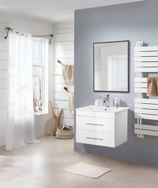 24-Inch White Gloss Wall-Mounted Bathroom Vanity with Double Drawers,Soft-Close System, Ceramic Sink, and Aluminium frame – Create a Modern and Minimalist Bathroom Space!Glossy White