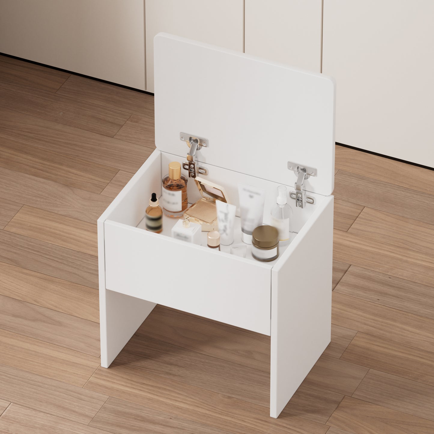 Small Space Vanity Table Set with 3 Adjustable Lighted Mirror and Storage Chair, Makeup Vanity Table for Small Space, White Dressing Table with Fold-up Panel for Bedroom