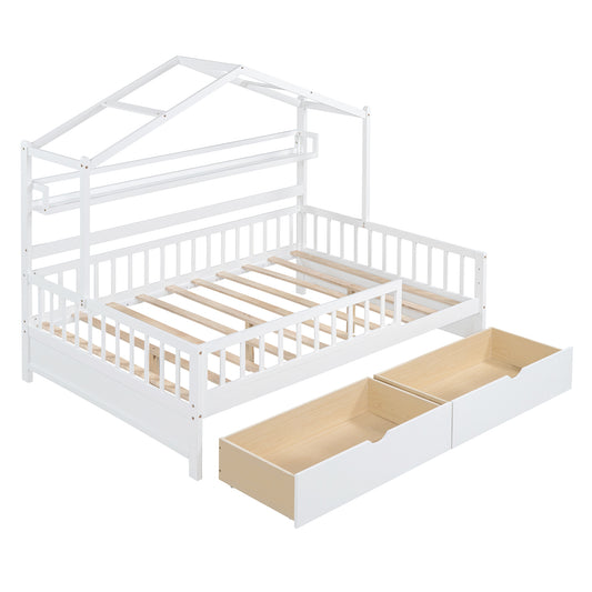 Wooden Full Size House Bed with 2 Drawers,Kids Bed with Storage Shelf, White - SolidRoot Buy Furniture USA