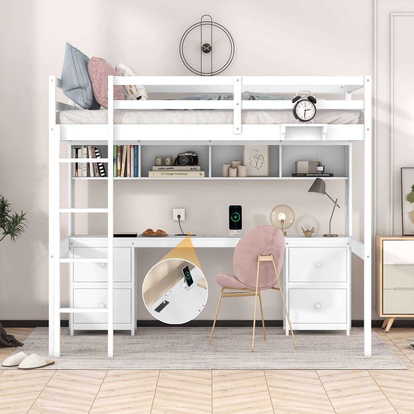 Full Size Loft Bed with Desk, Cabinets, Drawers and Bedside Tray, Charging Station, White