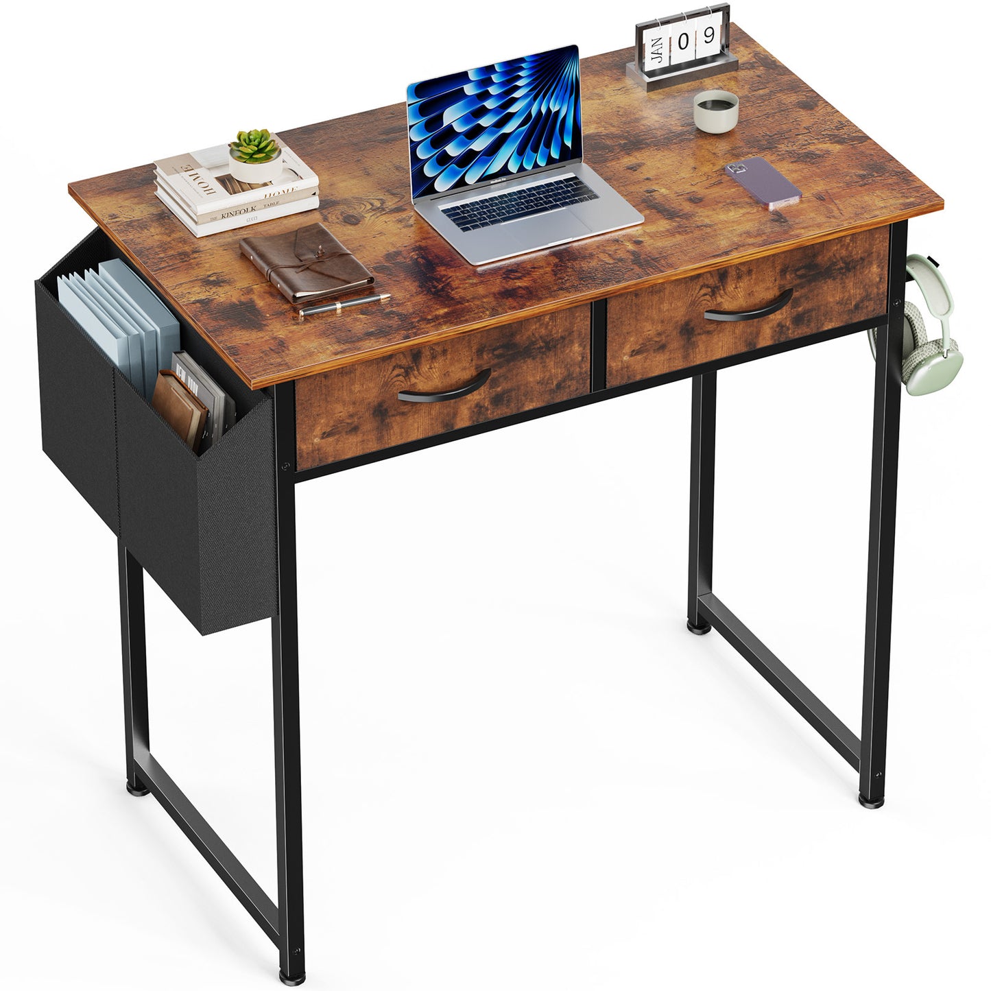 Computer Desk Small Home Office Bedroom Writing Study PC Table with Storage Space Fabric Side Bag Headphone Hook