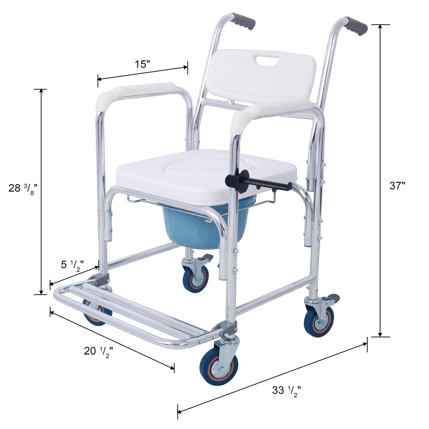 4 in 1 Bedside Commode Chair, Transport Shower Wheelchair Toilet Rolling Transport Chair with 4 Brakes Casters,Tissue Holder,Crutch Holder for Elderly Injured and Disabled