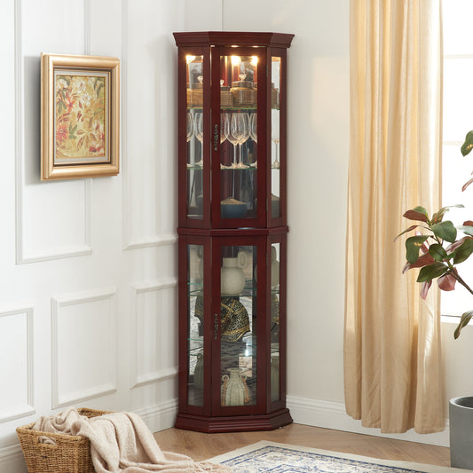 Corner Curio Cabinet with Lights, Adjustable Tempered Glass Shelves, Mirrored Back, Display Cabinet,Cherry (E26 light bulb not included) SolidRoot Buy Furniture USA