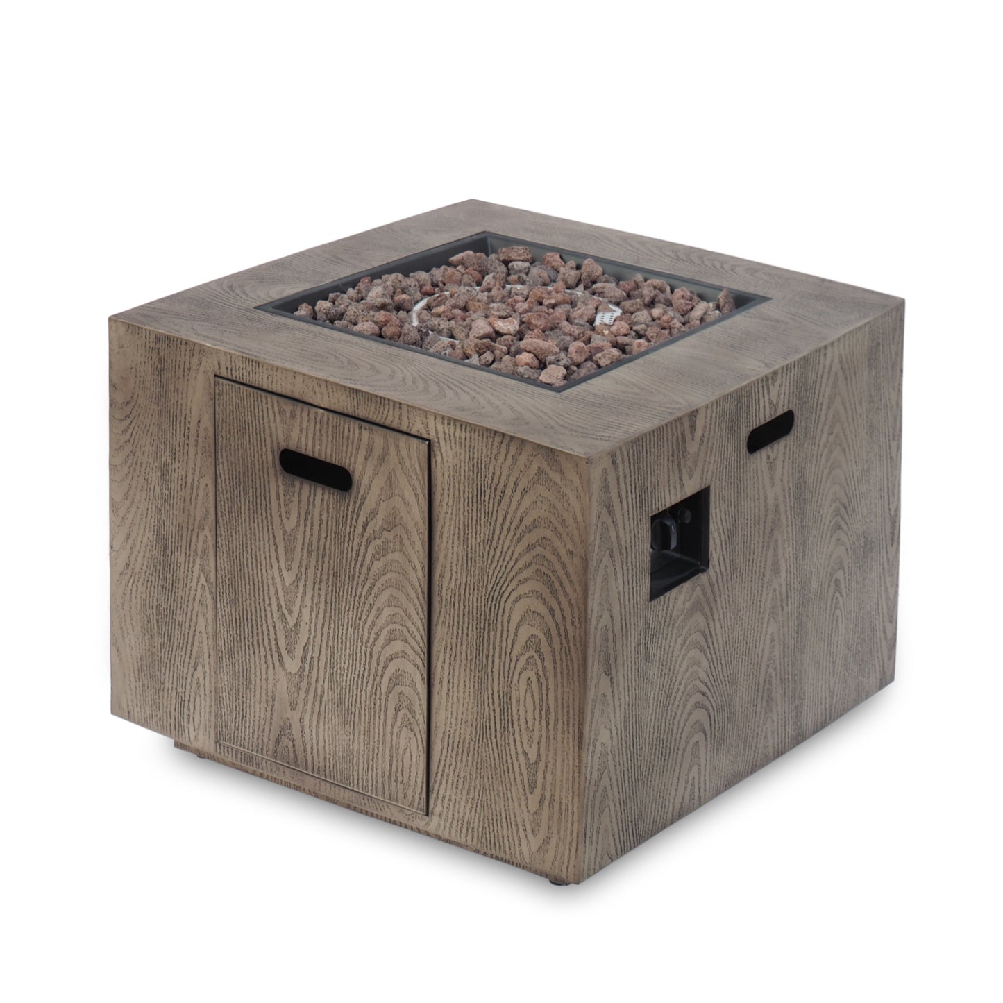 Outdoor Patio Gas Burning Fire Pit - 50, 000 BTU Tank Inside, Square, Iron Wood Pattern, Brown