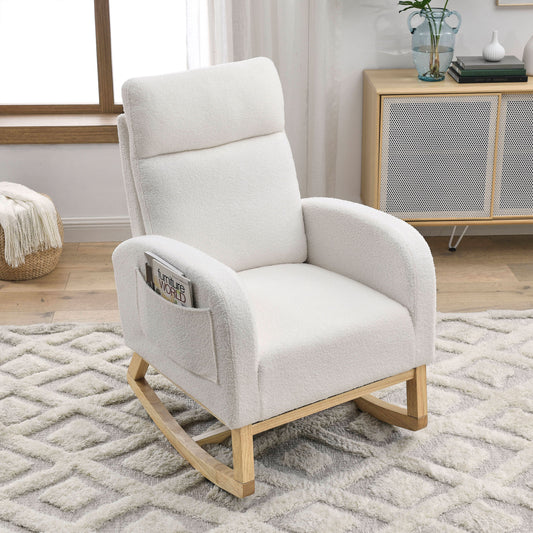 [Video] Welike 27.6'W Modern Accent High Backrest Living Room Lounge Arm Rocking Chair, Two Side Pocket ,Teddy White (Ivory) SolidRoot Buy Furniture USA