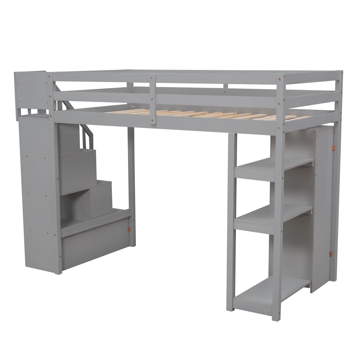 Twin size Loft Bed with Storage Drawers and Stairs, Wooden Loft Bed with Shelves - Gray