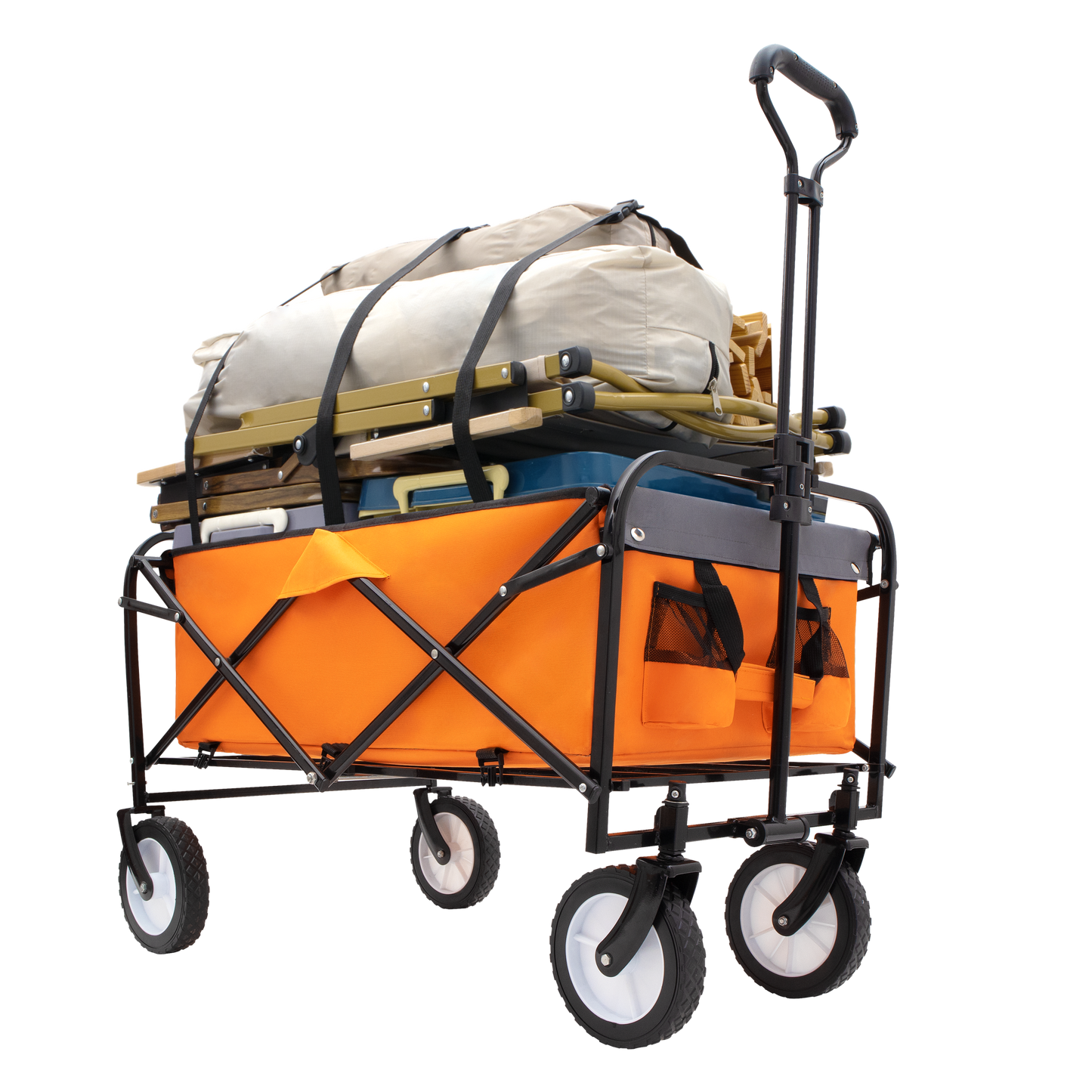 Collapsible Foldable Wagon Cart with strapping system Beach Wagon Utility Cart Utility Wagon Grocery Cart for for Camping Shopping Sports Gardeing Fishing Supports 360lbs All-Terrain Wheels orange