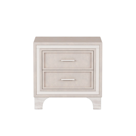 Mid Century Vintage Nightstand with Silver Glitter Strip Decor and Metal Legs, Velvet Bedside Table with 2 Drawers, Fully Assembled Except Legs and Handles, Beige Livingsource