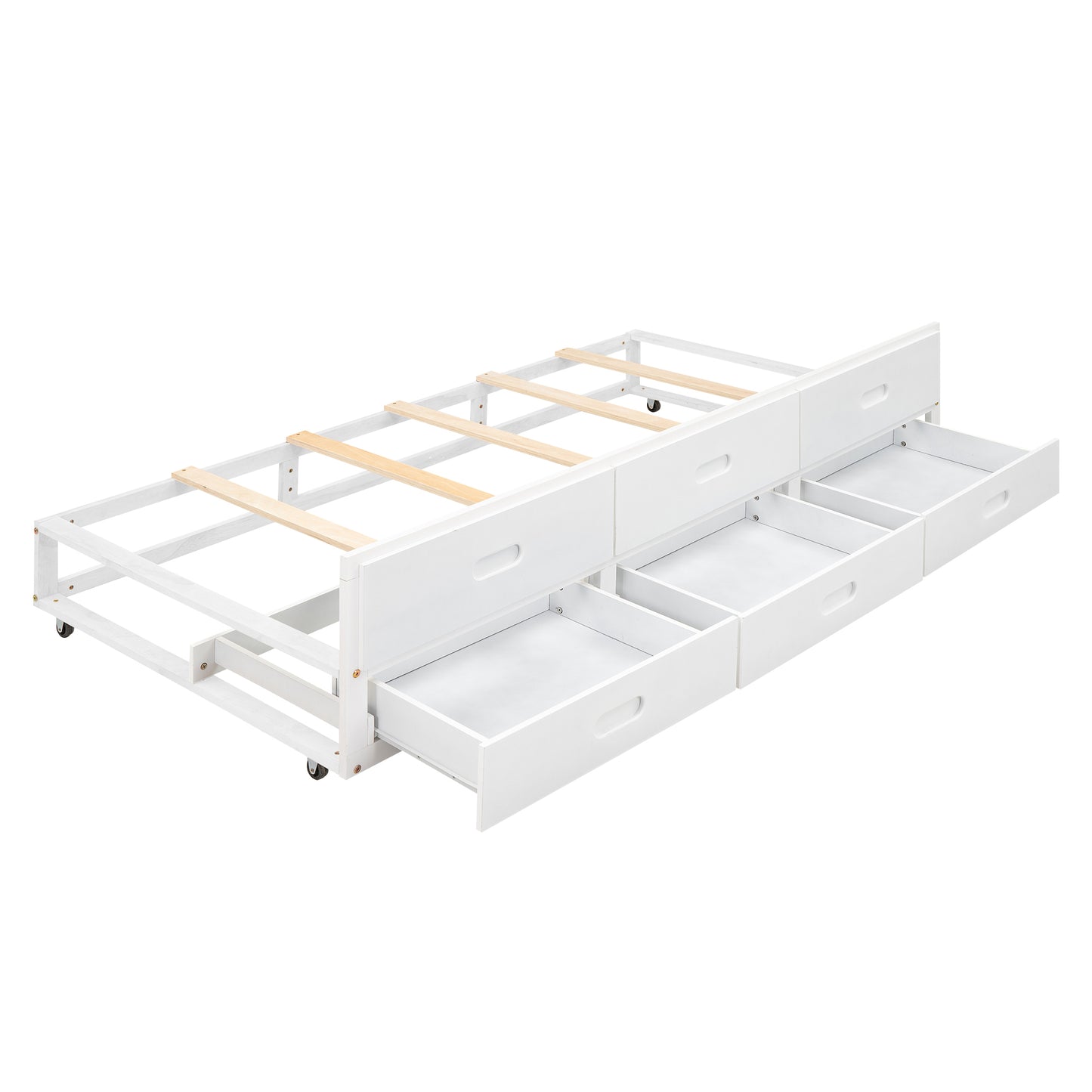 Full Size Platform Bed with Storage Headboard, USB, Twin Size Trundle and 3 Drawers, White