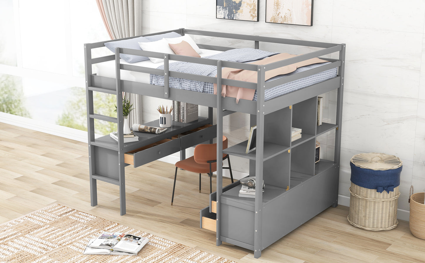 Full Size Loft Bed with Built-in Desk with Two Drawers, and Storage Shelves and Drawers,Gray(Old SKU: GX000320AAE)