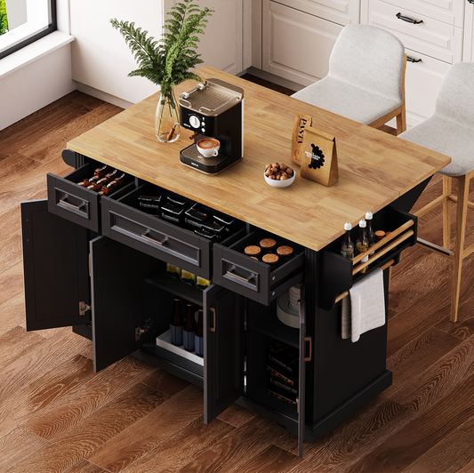 K&K 54inch Large Kitchen Island with Rubber Wood Drop Leaf, Embossed Texture Rolling Kitchen Cart on 4 Wheels with 4 Doors and 3 Drawers, Kitchen Island with Storage for Kitchen, Dining Room,Black SolidRoot Buy Furniture USA