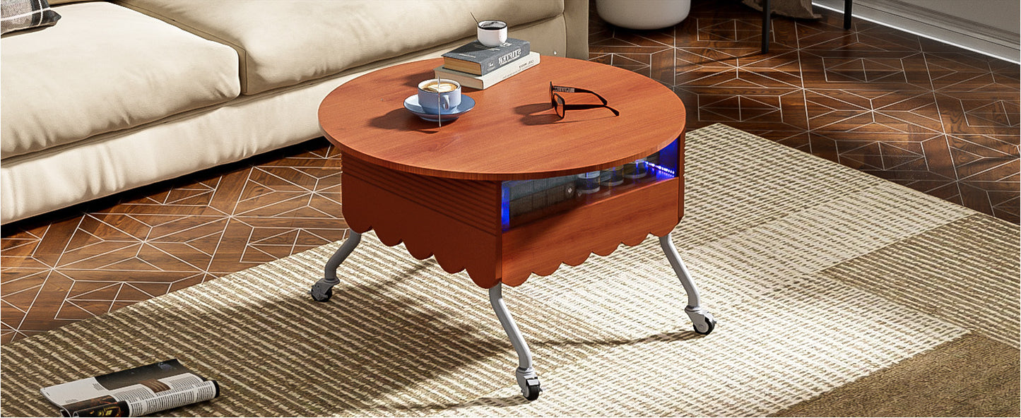 Round Lift-Top Coffee Table with Wheels, Metal Frame and Multi-Color Lighting in 27.6"