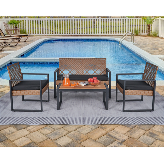 4-Piece Patio Furniture Set Outdoor Balcony Porch Garden Backyard Lawn Furniture Acacia Wood Table Top, Morden Black and Light Brown - SolidRoot Buy Furniture USA