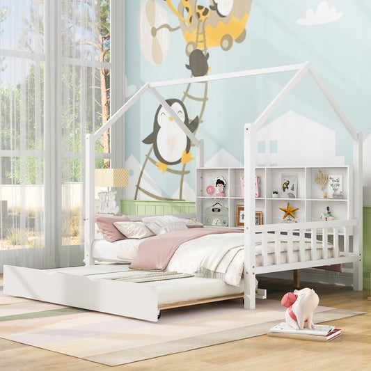 Wooden Full Size House Bed with Trundle,Kids Bed with Shelf, White - SolidRoot Buy Furniture USA