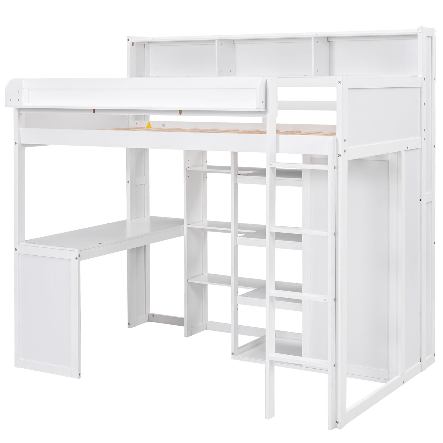 Wood Twin Size Loft bed with Multiple Storage Shelves and Wardrobe, White