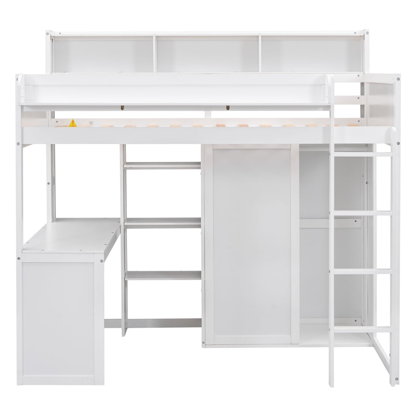 Wood Twin Size Loft bed with Multiple Storage Shelves and Wardrobe, White