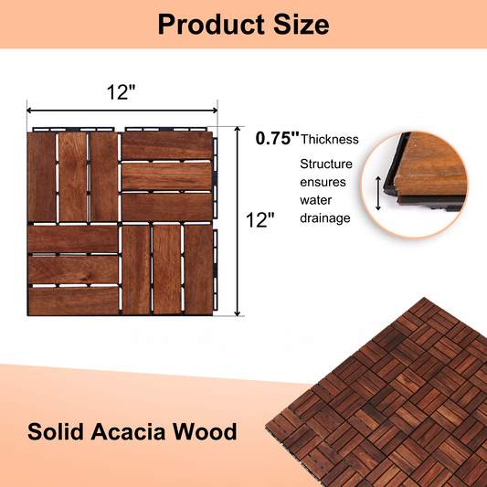 Acacia Wood Interlocking Deck Tiles Checker Pattern, 10PCS 12" x 12" Square Brown Acacia Hardwood Outdoor Flooring for Patio, Bancony, Pool Side,... - SolidRoot Buy Furniture USA
