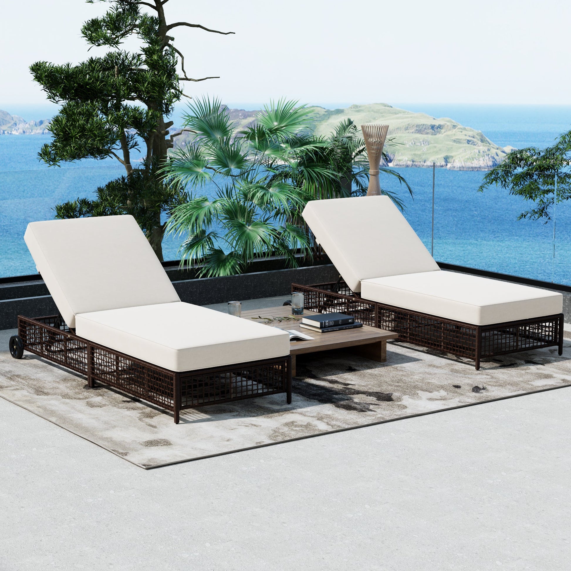 TREXM Outdoor Lounge Chair Set of 2, Patio Chaise Lounge with 5-Position Backrest, Rattan Outdoor Lounge Chair with Cushion and Wheels for Poolside, Backyard, Garden (Brown+Beige) SolidRoot Buy Furniture USA