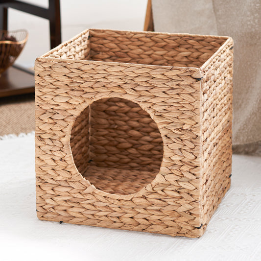 Water Hyacinth Woven Wicker Square Cat Bed Cave - 13" x 13" x 13" - For Small and Medium Cat Breeds and Chihuahua - SolidRoot Buy Furniture USA