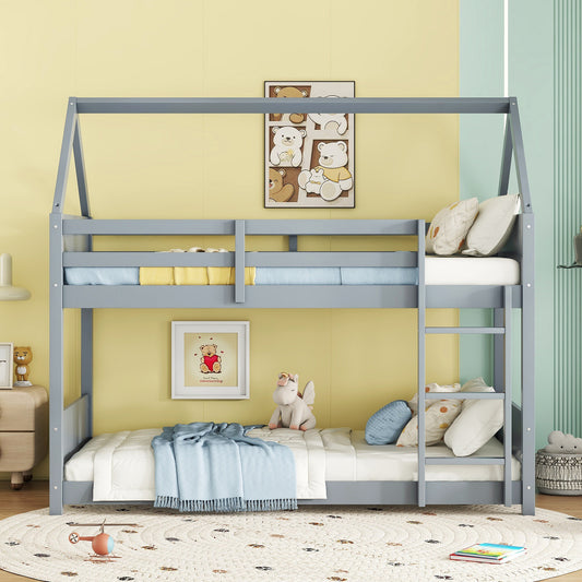 Twin Over Twin House Floor Bunk Bed with Headboards, Footboards and Guardrails, Ladder, Rubber Wood Bunk Bed with Safety Guardrails,Light Grey SolidRoot Buy Furniture USA