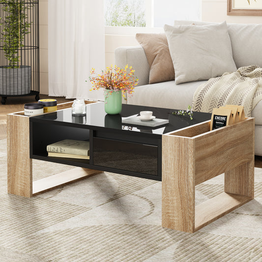 ON-TREND High Glossy Coffee Table with 2 Drawers, Practical Two Tone Center Table with Hidden Compartments, Rectangle Cocktail Table with Open Storage Shelf for Living Room, Bedroom, Black, 41.3*23.6"