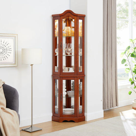 Corner Curio Cabinet with Lights, Adjustable Tempered Glass Shelves, Mirrored Back, Display Cabinet,Walnut(E26 light bulb not included) SolidRoot Buy Furniture USA