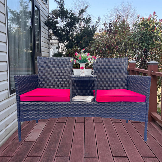 Wicker Patio Conversation Furniture Set, Outdoor Furniture Set with Removable Cushions & Table, Tempered Glass Top, Modern Rattan Bench for Garden Lawn Backyard