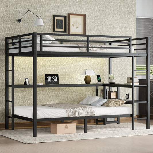 FULL Over Twin Bunk Bed with Desk and Shelves, Multiple Placement, with LED and USB, Black SolidRoot Buy Furniture USA