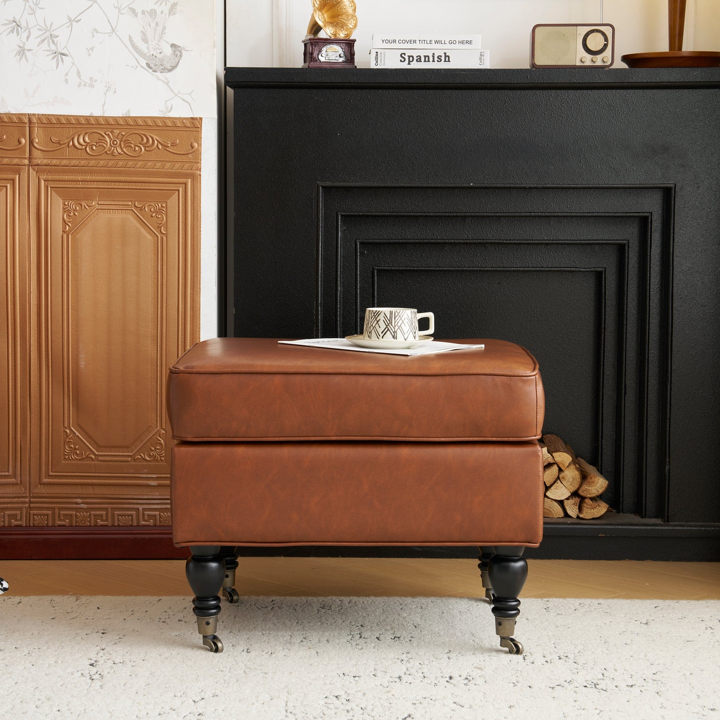 PU Leather Ottoman with Solid Wood Legs and Casters, Brown