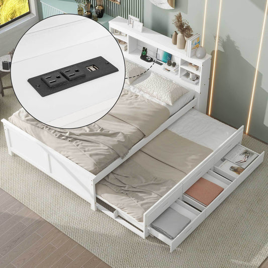 Full Size Platform Bed with Storage Headboard, USB, Twin Size Trundle and 3 Drawers, White