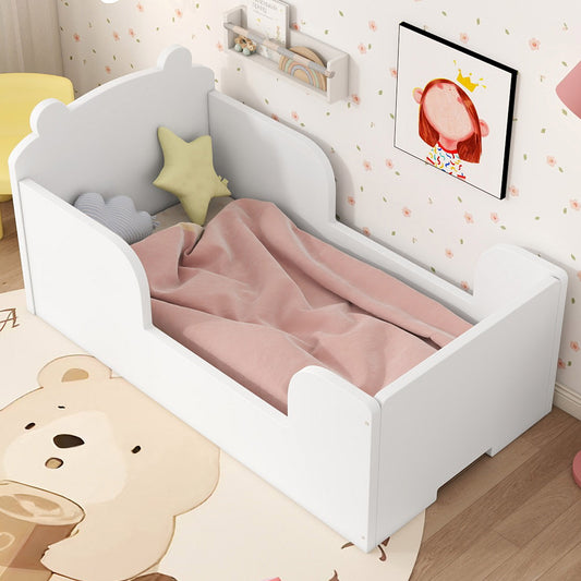 Toddler Floor Bed Frame, Cot Bed for Boys and Girls Ages 3-6, Bear Shape Toddler Bed, White
