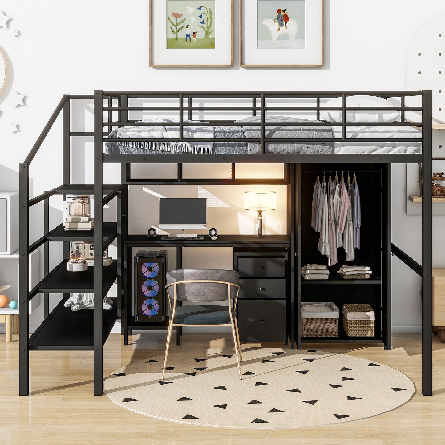 Metal Loft Bed With table set and wardrobe, Full, Black