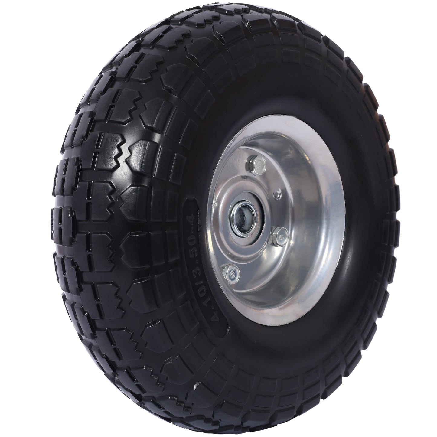 Heavy-Duty Flat free PU foam Tire and Wheel - 4.10/3.50-4",  10" Diameter, 5/8" Axle Bore Hole, 2.2" Offset Hub and Double Sealed Bearings for Hand Trucks Replacement, Black color with silver rim