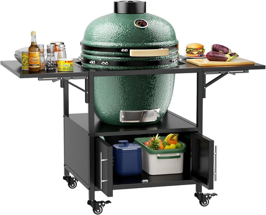 Outdoor Grill Table for Big Green Egg Style BBQ, Metal Grill Cart with 2 Folding Panels, Compatible with up to Large Green Egg, Kamado Joe Jr SolidRoot Buy Furniture USA