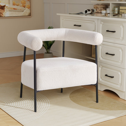 Modern Boucle Fabric Upholstered Accent Chair, Curved Armchair with Black Metal Frame, White SolidRoot Buy Furniture USA