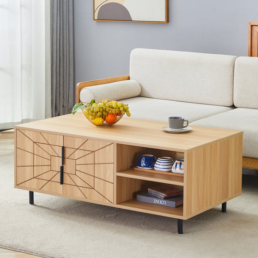 Spider Web Textured Modern MDF Coffee Table - Geometric Art and Practical Design in Natural Wood Tones, with dimensions of 43.3*23.6*17.8 inches.