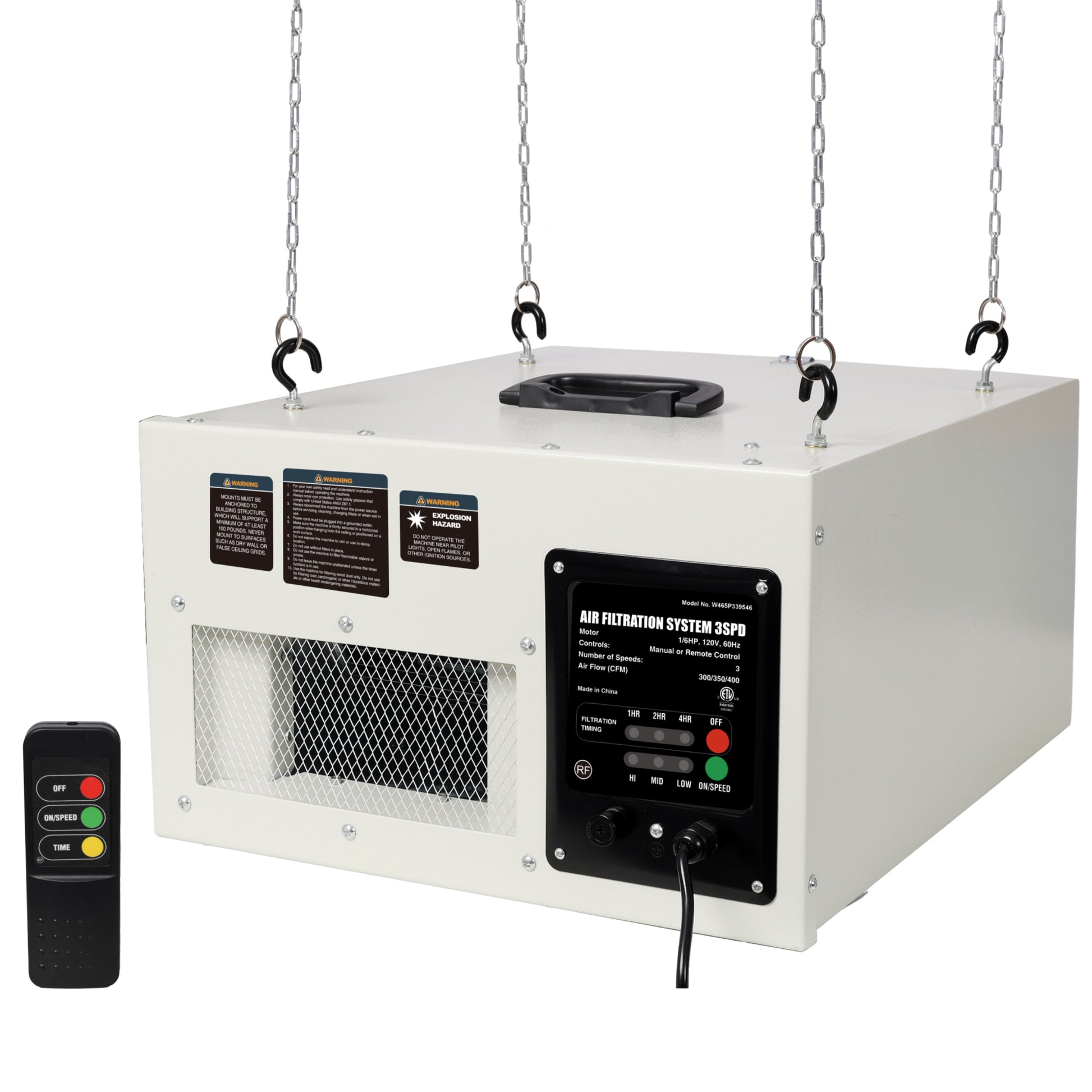 Remote-Controlled Air Filtration System,3 Positions Adjust(300/350/400 CFM),120V 60Hz,for Woodworking for Shop Garage,ETL certificate,White Color SolidRoot Buy Furniture USA