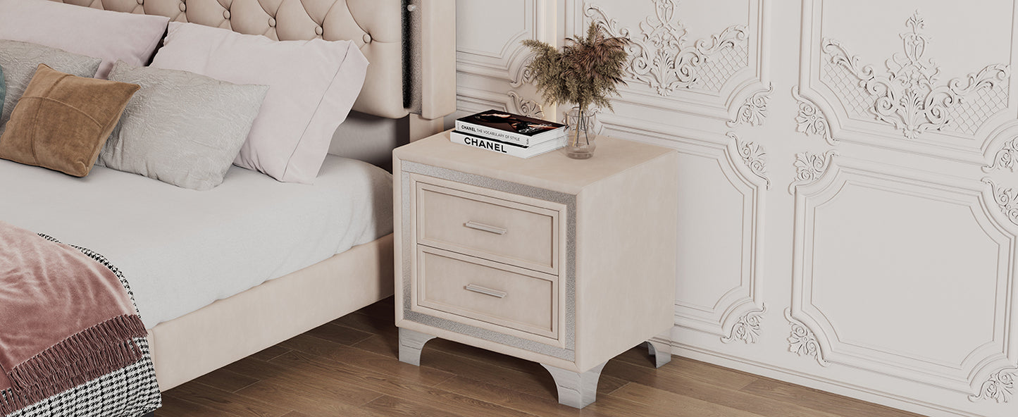 Mid Century Vintage Nightstand with Silver Glitter Strip Decor and Metal Legs, Velvet Bedside Table with 2 Drawers, Fully Assembled Except Legs and Handles, Beige