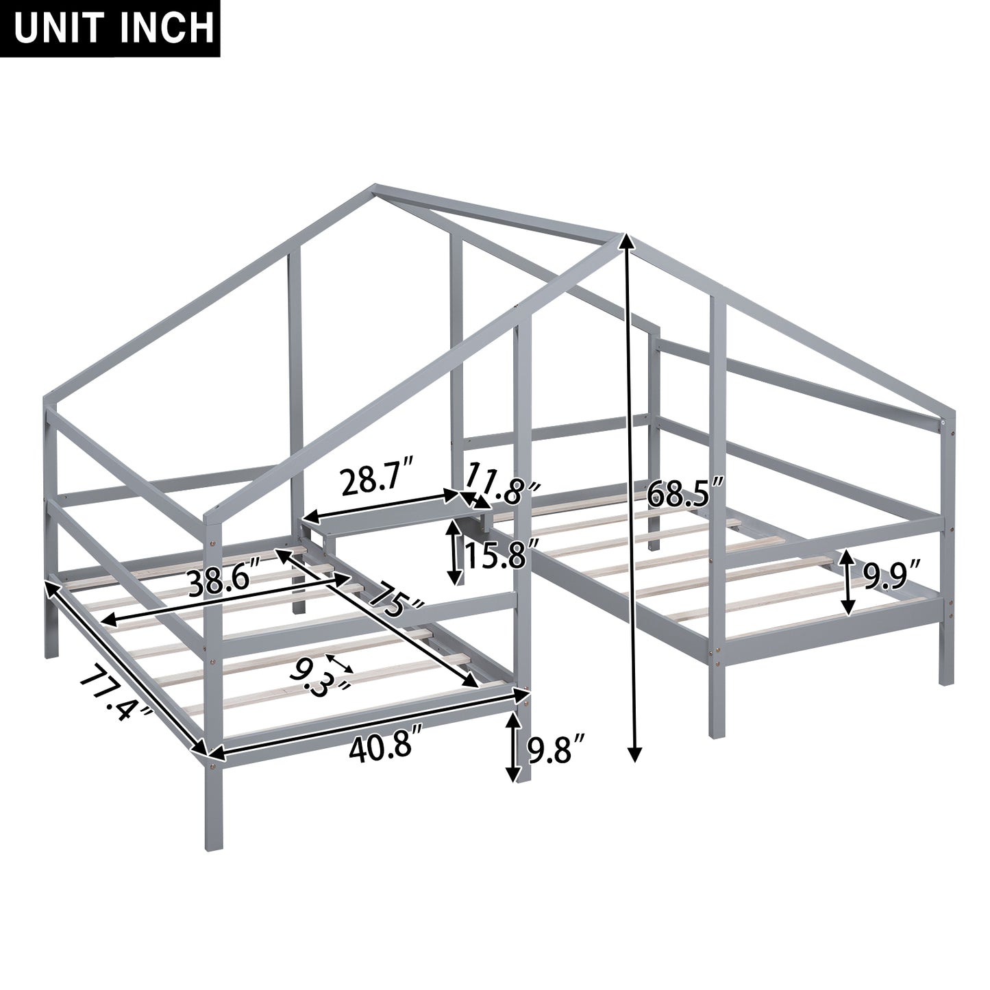 Double Twin Size Triangular House Beds with Built-in Table,Gray(Old SKU: WF286895AAE)