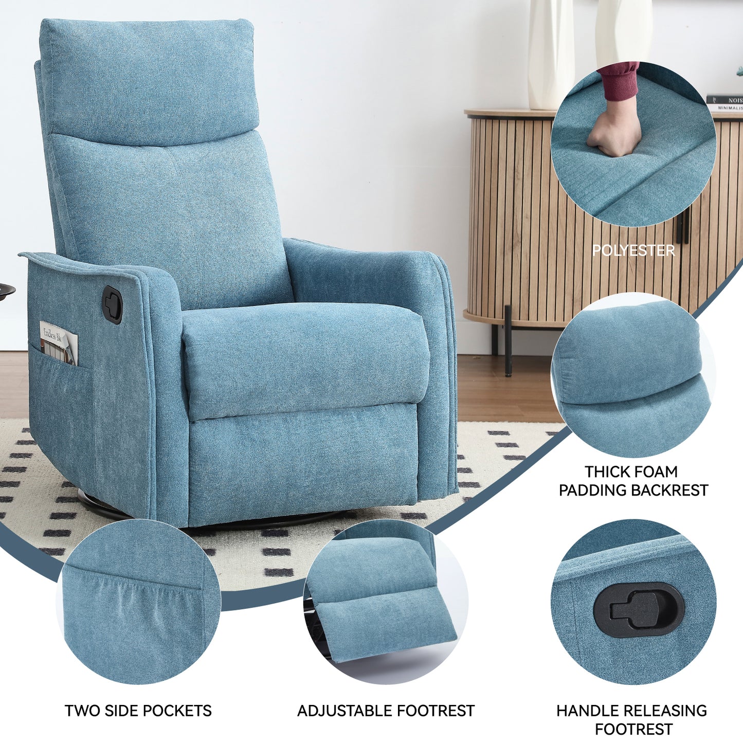 Heat Massage Manual Recliner Chair with Rocker and Swivel in Fabric for Living Room, Blue