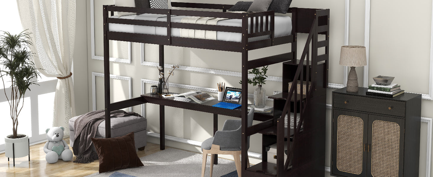 Twin Size Loft Bed with Storage Staircase and Built-in Desk, Espresso (Old SKU:GX000903AAP) - SolidRoot Buy Furniture USA