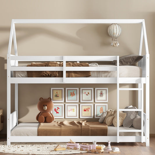 Twin Over Twin House Floor Bunk Bed with Headboards, Footboards and Guardrails, Ladder, Rubber Wood Bunk Bed with Safety Guardrails,White SolidRoot Buy Furniture USA
